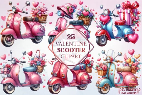 Watercolor Valentine Scooter Clipart for Modern Design
