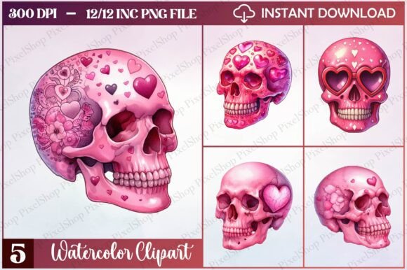 Watercolor Valentine Skull Clipart for Edgy Love Designs