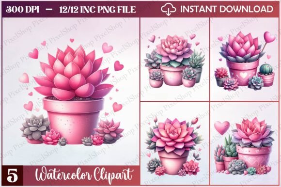 Watercolor Valentine Succulent Clipart for Thoughtful Branding