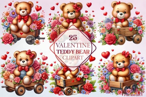 Watercolor Valentine Teddy Bear Clipart